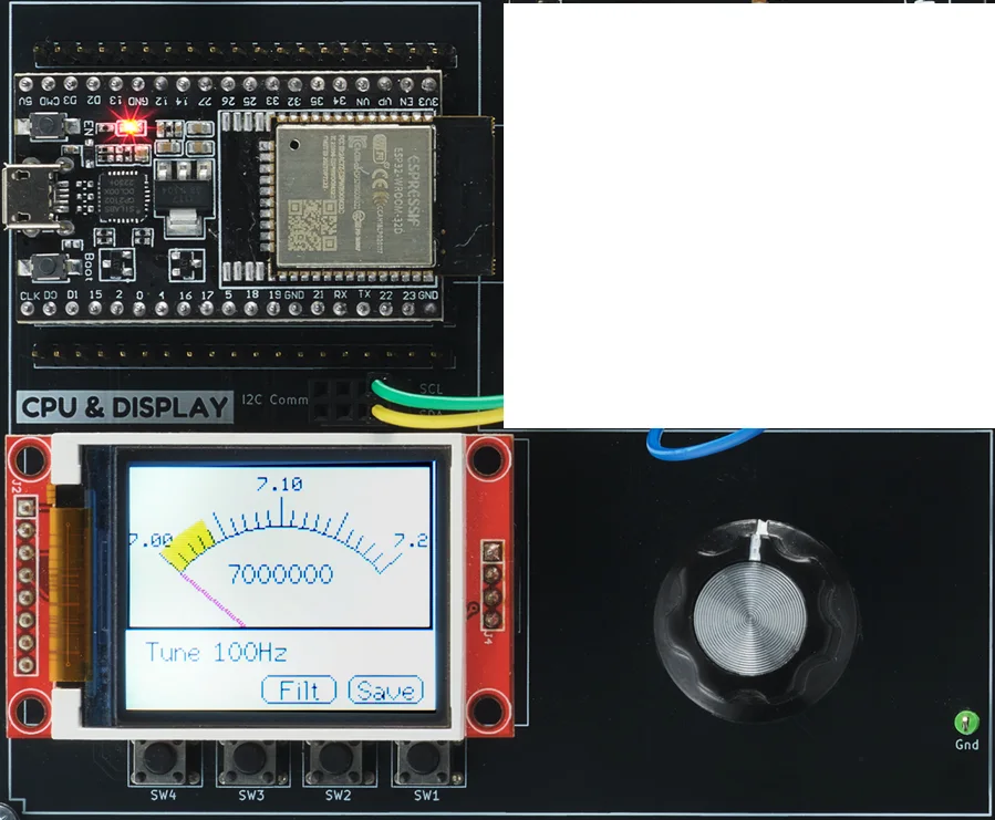 CPU and Display module: ESP32 controller board and colour TFT display showing a tuning dial and frequency readout