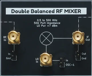 Double Balanced RF Mixer module, 0.5 to 500MHz, 50 ohm port impedance, with RF In, LO In and IF Out connectors