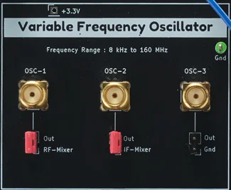 Variable Frequency Oscillator module, 8kHz to 160MHz, with three outputs feeding the RF mixer, IF mixer, and an external load