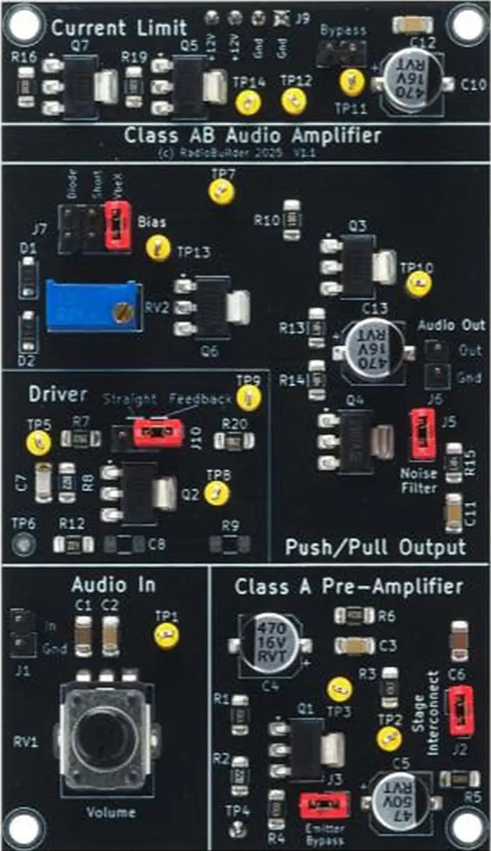 Discrete transistor audio amplifier plug-in module for the RadioLab
