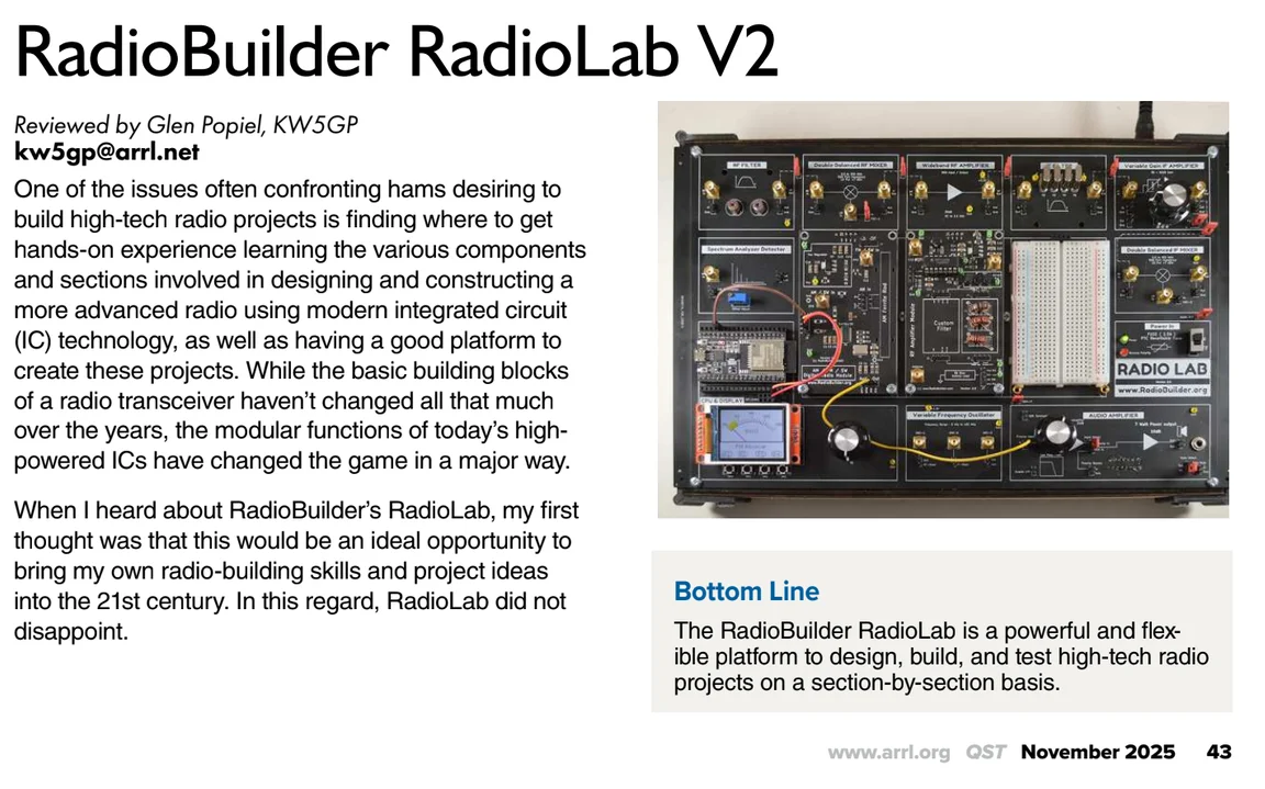 QST Magazine November 2025 review page: RadioBuilder RadioLab V2, reviewed by Glen Popiel, KW5GP
