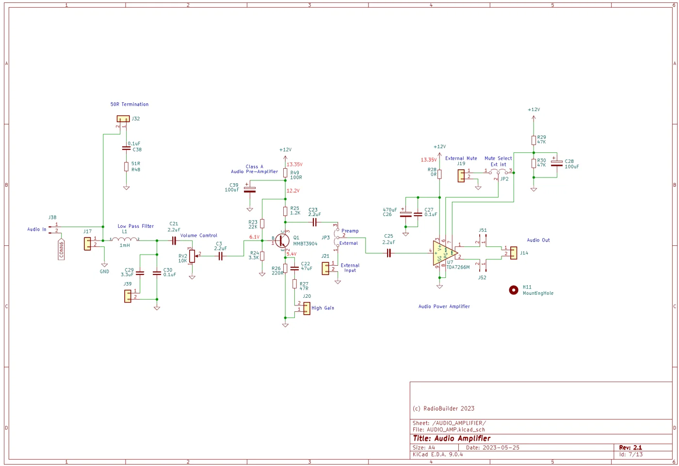 Sample RadioLab schematic sheet showing the Audio Amplifier module, sheet 7 of 13
